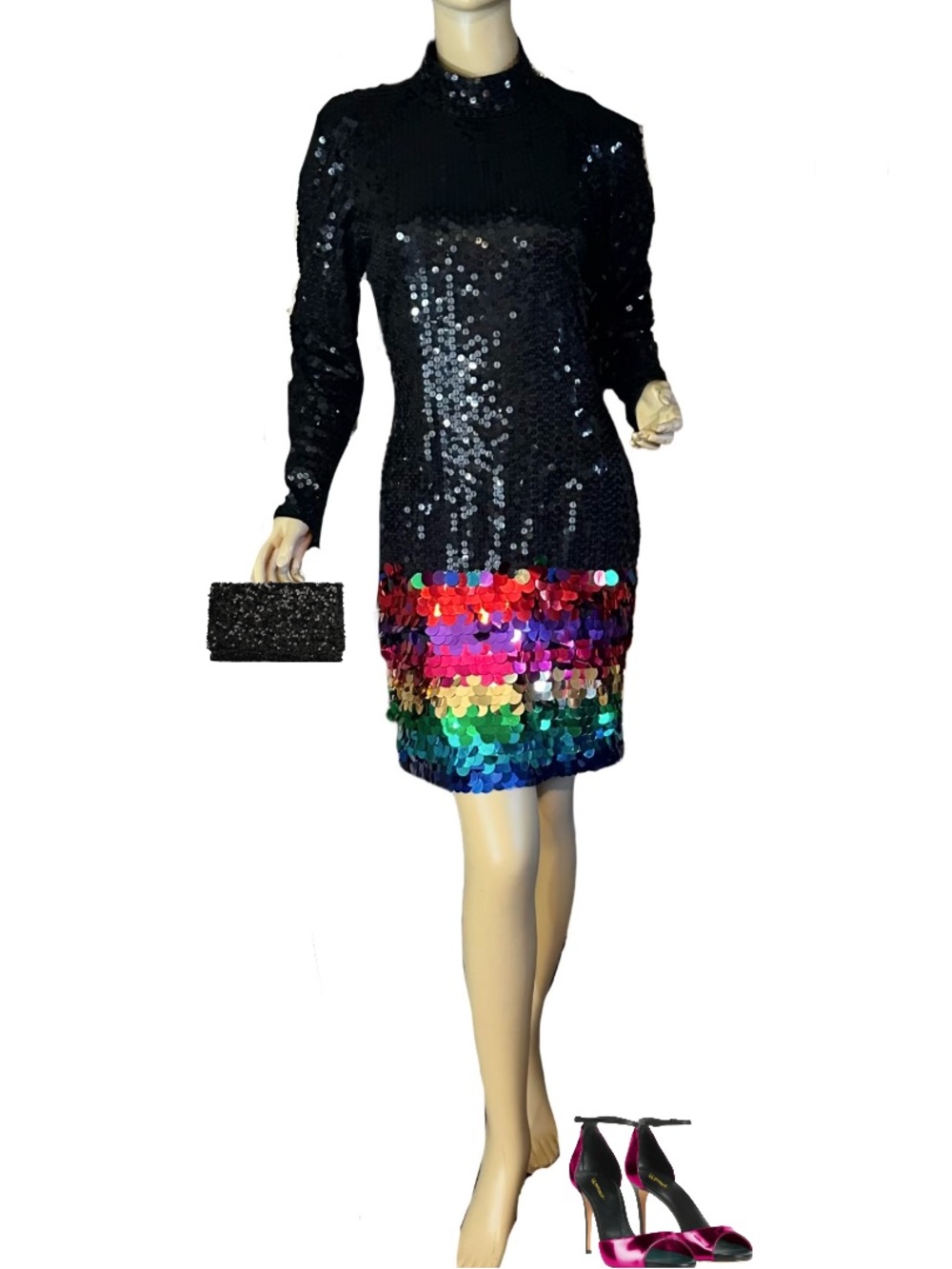 VINTAGE CIRCA 1990'S NITELINE BLACK SEQUIN W/MULTI-COLOR DISC SEQUINS DRESS (12)